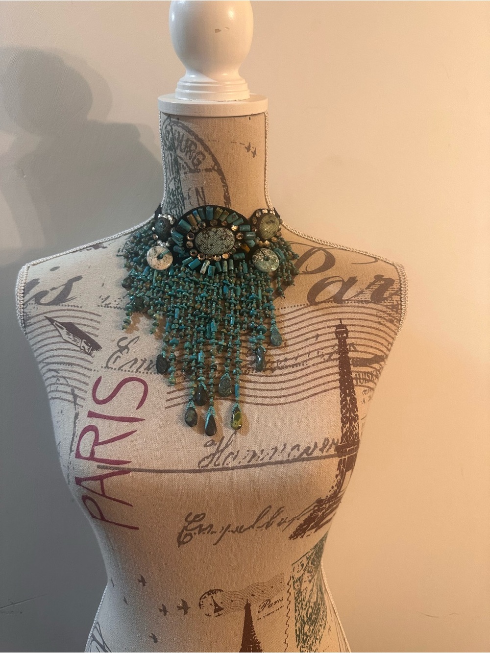 J. Mendel Turquoise Beaded Fringe Statement Necklace